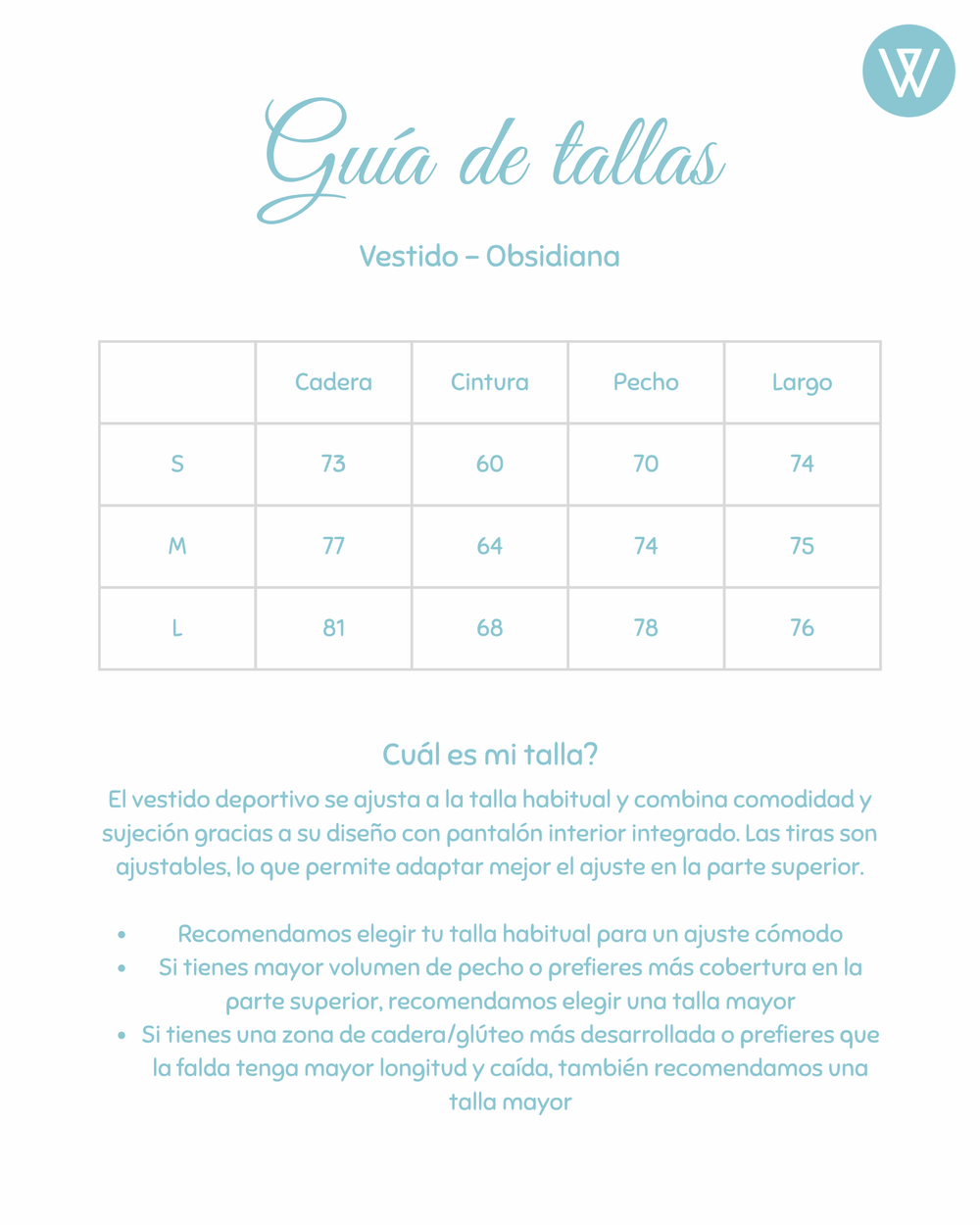 Guía de tallas Vestido deportivo Obsidiana